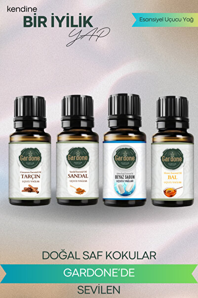 Gardone 4 lü Set Esansiyel Uçucu Yağ Buhurdanlık Yağı Esans Tarçın Bal Sandal Beyaz Sabun 4*10 ml