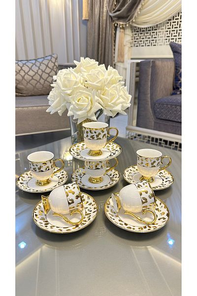 Vakıf home Set of 6 Porcelain Footed Leopard Pattern Gold Coffee Cups