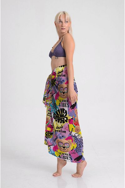 DESENİX Positive Energy Pattern Pareo - 100X145 cm - Silky Chiffon & Luxury Satin Fabric Option - Beach Dress