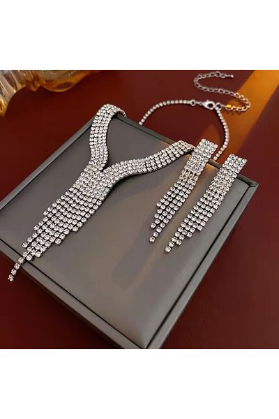 muptejewelry Stoned Waterway Necklace and Earrings Jewelry Set 5 Rows - Special Design Evening Dress Choker