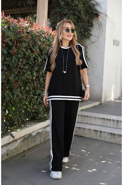 Viyamo New Season Women's Short Sleeve Crew Neck Double Color Stripe Detailed Blouse and Pants Two-Piece Suit