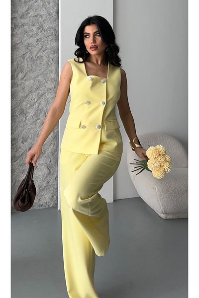 pembekurdelem Women's Square Collar Classic Vest Trousers Suit Yellow