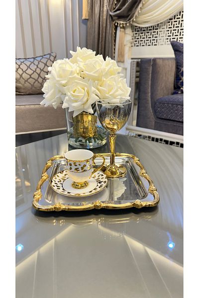 Vakıf home Set of 6 Porcelain Footed Leopard Pattern Gold Coffee Cups