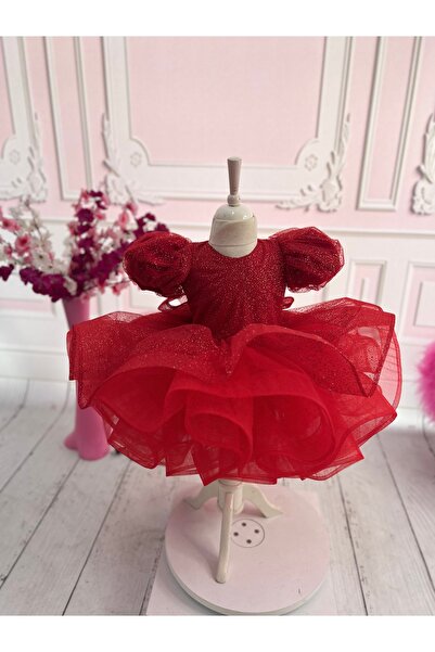 NA ADDESIGN Kırmızı Simli Kabarık Kız Çocuk Elbise, Kırmızı Parlak Grenli Abiye Elbise