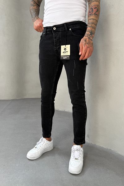 MADZEYMODA Slim Fit Slim Fit Lycra Denim Ύφασμα Ανδρικό μαύρο τζιν παντελόνι με σκισίματα KE-122