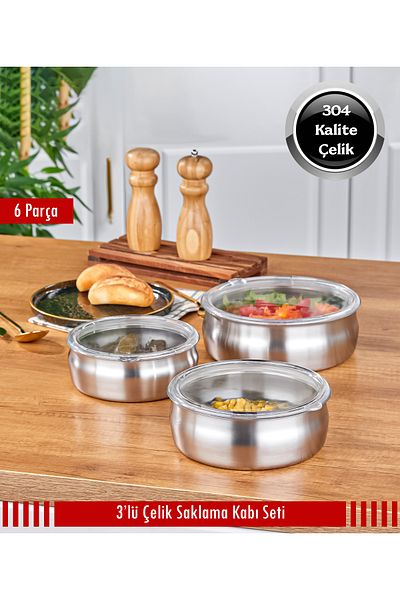 Steel & More 3-Piece Steel Casserole Model Storage Container 6 Pieces