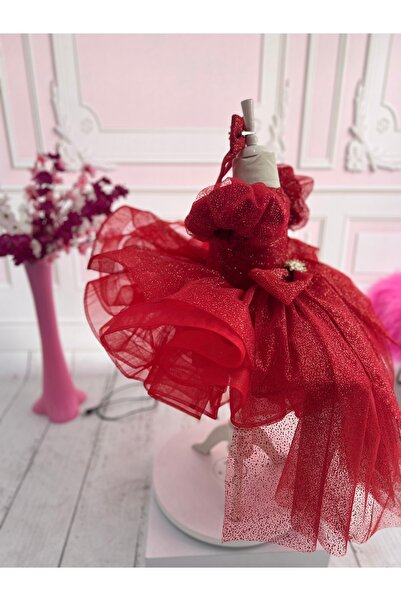 NA ADDESIGN Kırmızı Simli Kabarık Kız Çocuk Elbise, Kırmızı Parlak Grenli Abiye Elbise