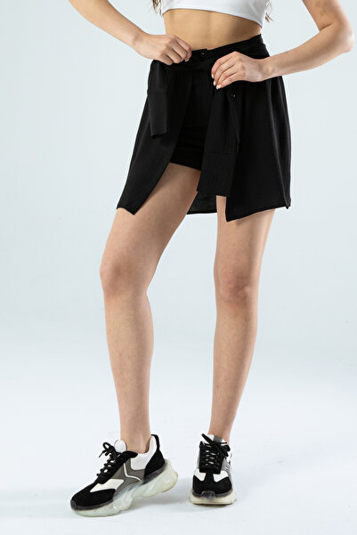 Space Fashion Siyah Gömlek Bağlam Detaylı Fermuarlı Şort Etek