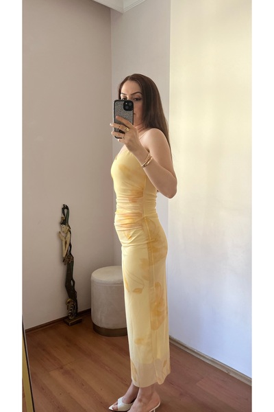 Meros Atelier Zr Model Sarı Çiçek Desenli Askılı Midi Elbise