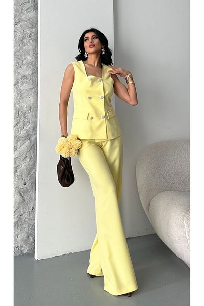 pembekurdelem Women's Square Collar Classic Vest Trousers Suit Yellow