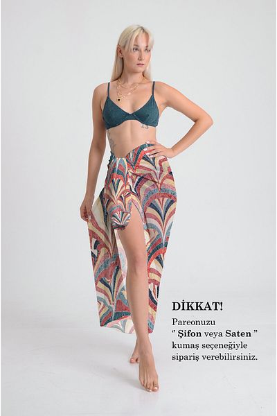 DESENİX Geometric Fan Pattern Pareo - 100X145 cm - Silky Chiffon & Luxury Satin Fabric Option- Beach Dress