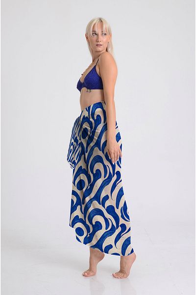 DESENİX Blue Wave Pattern Pareo - 100X145 cm - Silky Chiffon & Luxury Satin Fabric Option - Beach Dress