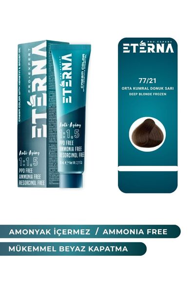 Amonyaksız Organik İçerikli Saç Boyası 60ml 77/21Orta Kumral Donuk Sarı ve90ml Eterna Oksidan