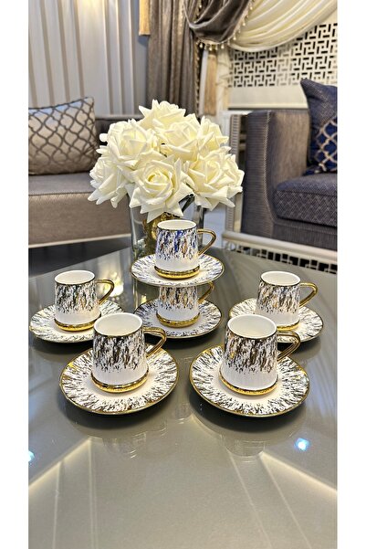 Vakıf home 6 Kişilik Porselen Revan Model Renkli Gold Kahve Fincan Takımı Seti