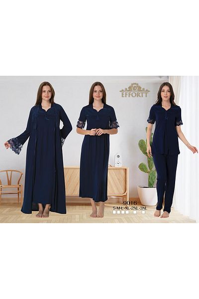 EM&FA TEKSTİL Lace Detailed Maternity Maternity 3-Piece Dressing Gown Nightgown Pajama Set