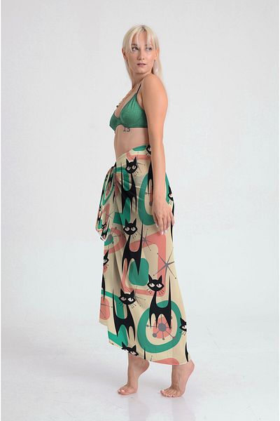 DESENİX Vintage Cat and Geometric Pattern Pareo - 100X145 cm - Silky Chiffon & Luxury Satin Fabric Option