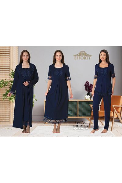 EM&FA TEKSTİL Lace Detailed Maternity Dressing Gown Nightgown 3-Piece Pajama Set