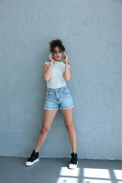 thesunfyre Pantaloni scurți din denim de mărime mini cu buzunar pentru femei