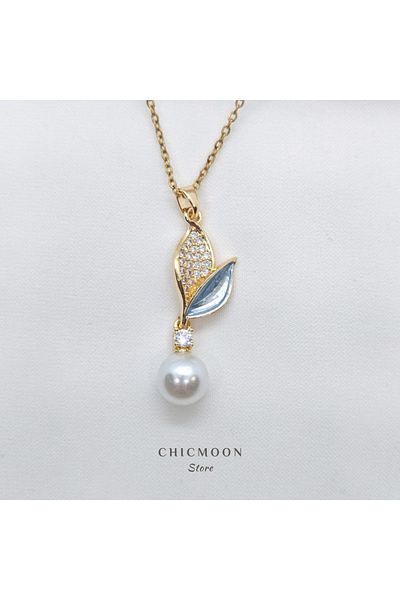 CHICMOON STORE Steel Stone Pearl Leaf Necklace