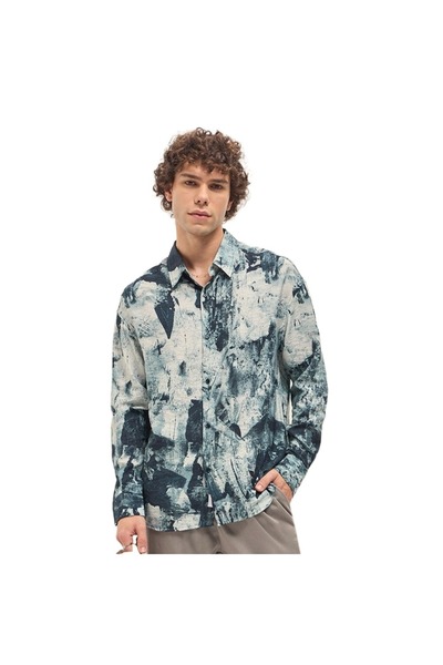 The Bear House قميص رجالي أزرق بتأثيرات ضربات الفرشاة المجردة، مناسب لجميع ال...