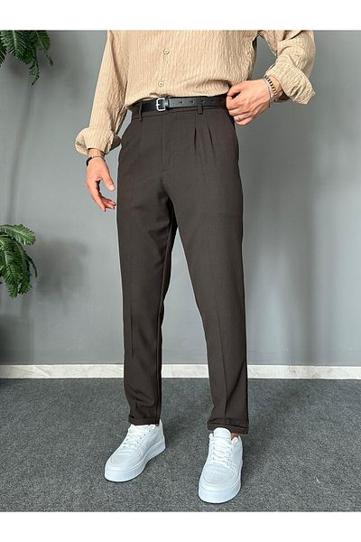 THEMANN Belted Douple Leg Pleated Dark Brown Italian Trousers