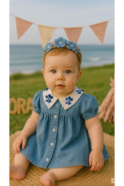 Noy Noy Çiçek Desenli Yakalı Kız Bebek Kot Elbise