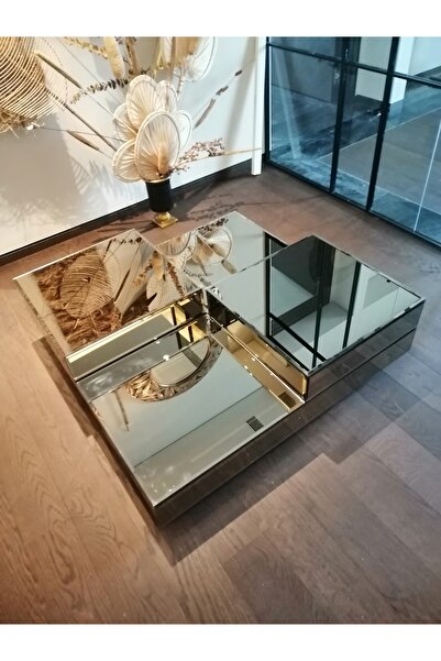 LUXURY VİLLA Luxury Komple Bronz Aynalı Tekerlekli Orta Sehpa 90x90 Yükseklik 30cm