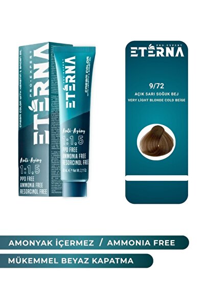 Amonyaksız Organik İçerikli Saç Boyası 60 ml 9/72 Açık Sarı Soğuk Bej ve 90 ml Eterna Oksidan