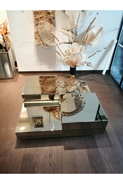 LUXURY VİLLA Luxury Komple Bronz Aynalı Tekerlekli Orta Sehpa 90x90 Yükseklik 30cm