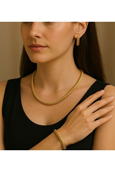 xesha 22 Ayar Altın Kaplama 3 lü Kolye Küpe Bileklik Seti