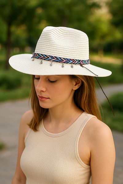 LAGRANZE Ethnic Patterned Straw Beach Hat with Accessory Detail