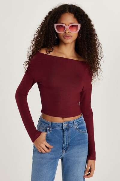 Tudors Women's Slim Fit Slim Fit Boat Neck Viscose Burgundy Blouse