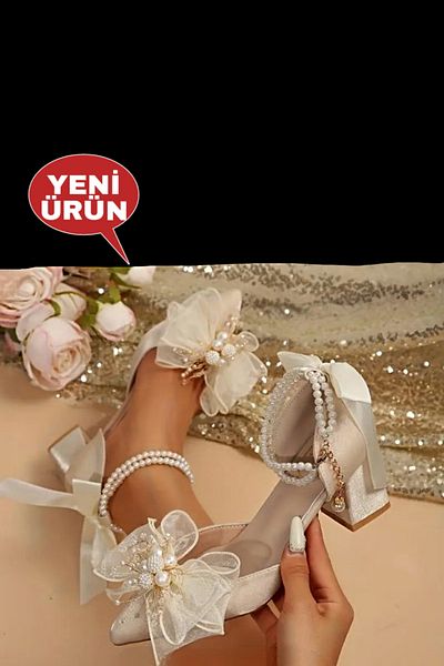 Modavien Women's Beige 5 cm Pearl Bridal Shoes