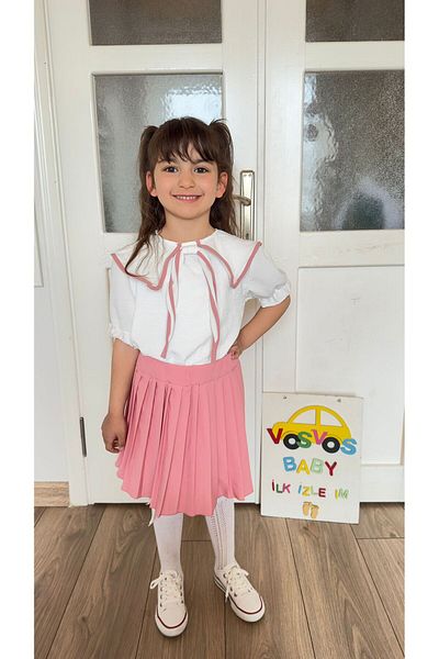 VOSVOSBABYSTORE Pink Bow Bluz & Pleated Skirt Suit
