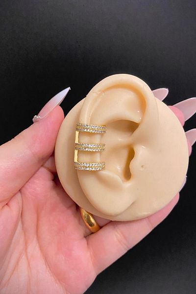 Blisse Piercing Gold Color 3 Row Look Zircon Stone Ear Cuff Cartilage Earrings – Compression, Steel, Non-Perforated