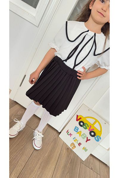 VOSVOSBABYSTORE Black Bow Blouse & Pleated Skirt Set