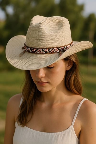 LAGRANZE Women's Straw Hat with Ethnic Detail