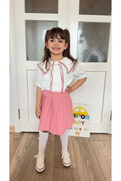 VOSVOSBABYSTORE Pink Bow Bluz & Pleated Skirt Suit