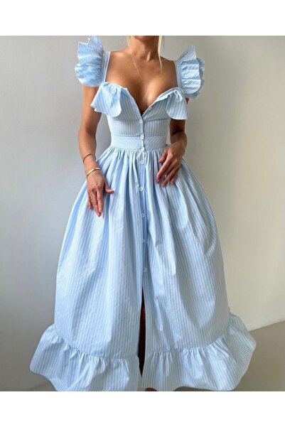 Ekim Store Rochie maxi cu bretele și detaliu cu volane, design importat