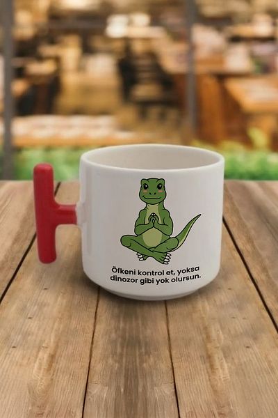 DozNest "Control Your Anger, or You'Ll Be Extinct Like Dinosaurs." Written Red Handled Mug - Dzb69