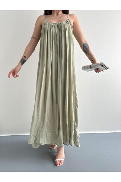 Ekim Store İp Askılı Pileli Keten Maxi Elbise