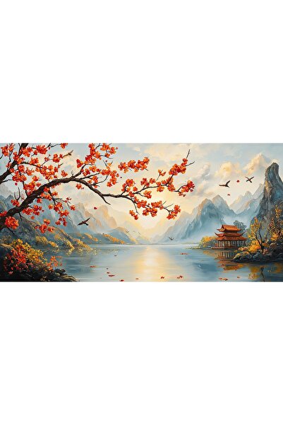 ve Tablou Canvas living, Peisaj in Japonia, pasari munti, rasarit, 90 x 40 cm