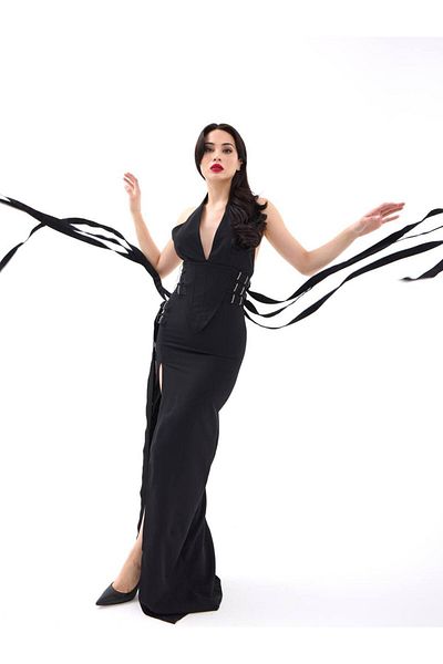 MONETA ANİTA Double Fabric Belt, Back and Neck Detail Slit Maxi Dress/Slim Fit