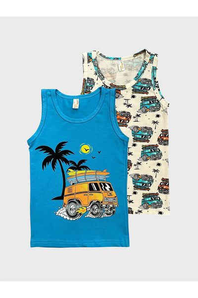 elmas kids Boy's Cotton White Blue Car Palm Patterned 2-Piece Undershirt Set