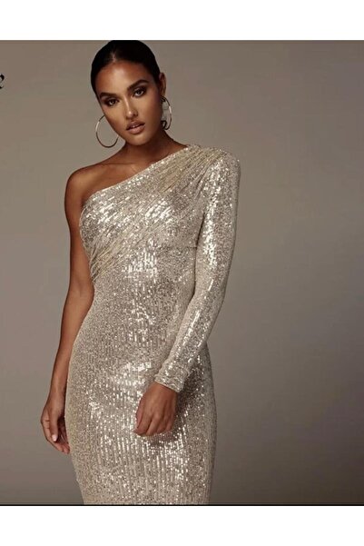 DESİGNEDBYD Lüks Designer Tek Omuzlu Payet Sequins Elbise Gece Parti Davet Özel Davet Elbise