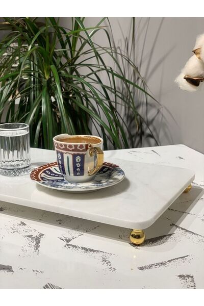 Gemboss Faralyahome Natural Real Marble 30X20 cm Gold Foot Stand Presentation Tray Decorative Marble Tray with Feet