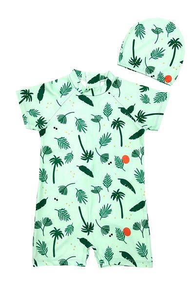 Lolliboomkids New Season Unisex Children's Green Color Leaf Pattern Short Sleeve Zipper Closure Swimsuit