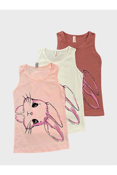 elmas kids Girl's Cotton Plum White Pink Cat Patterned 3-Piece Undershirt Set