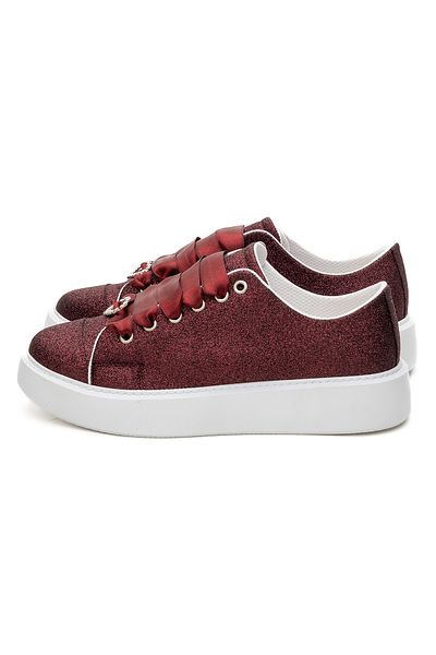 Stilo Burgundy Glitter Stylish Burgundy Satin Lace-Up Bridal Shoes with Heart Detail