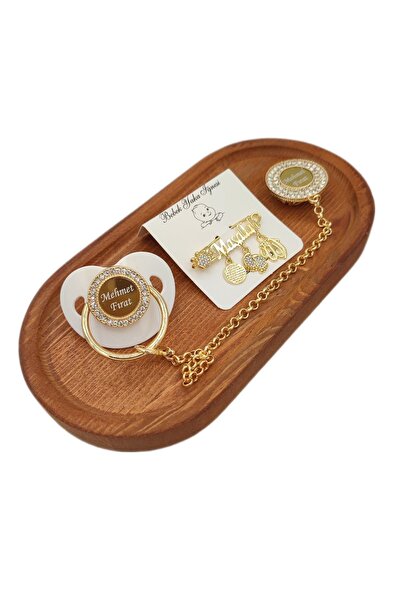 Serap Yılmaz Sahi Isimli Beyaz Taşlı Silikon Damaklı Bebek Emzik Zinciri Ve Yaka Iğne Seti (0-6 AY) - Tysysh0165